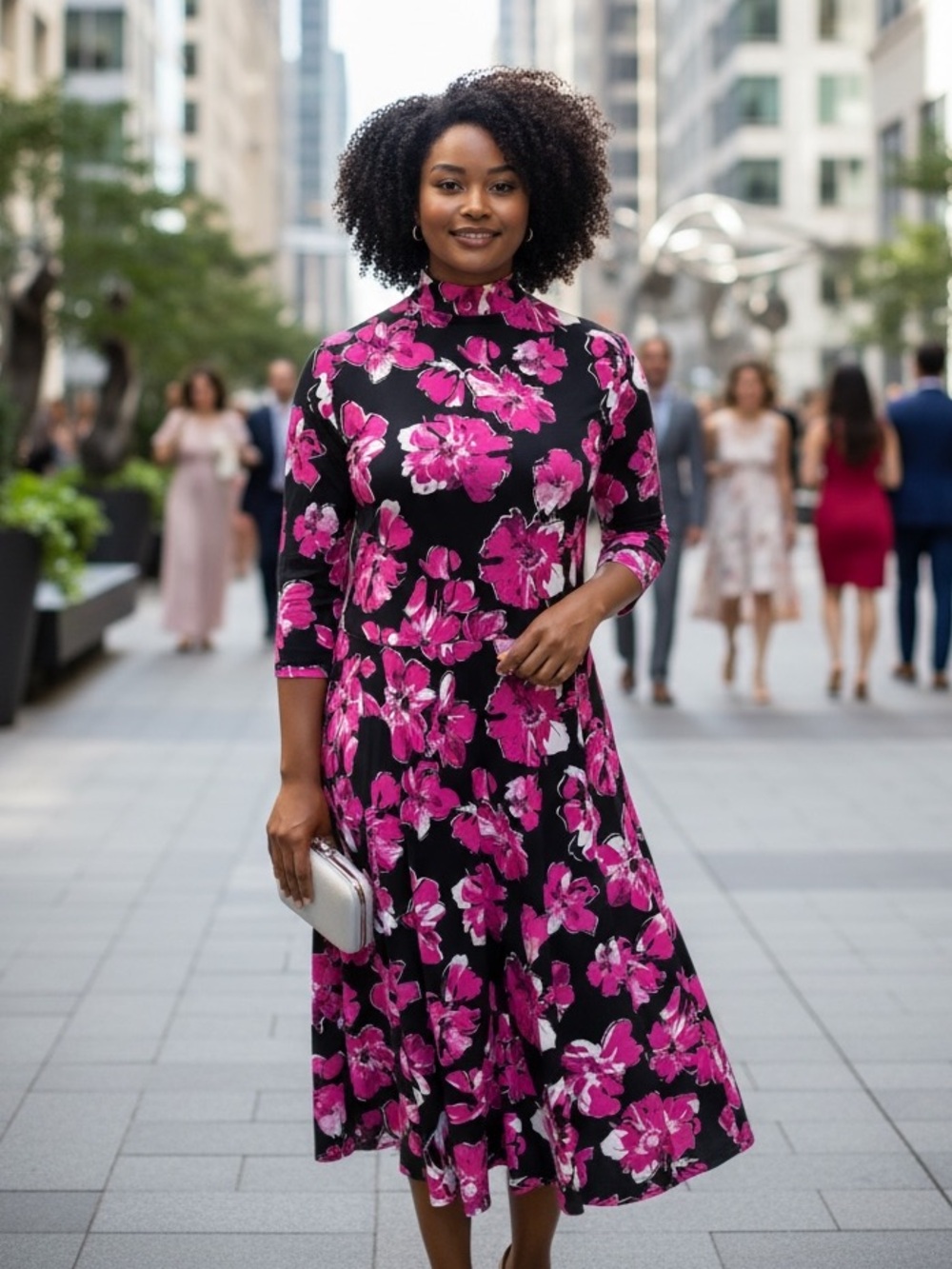 Jessica London Black & Fuchsia Floral Fit-and-Flare Tie Back Midi Dress Size 14W